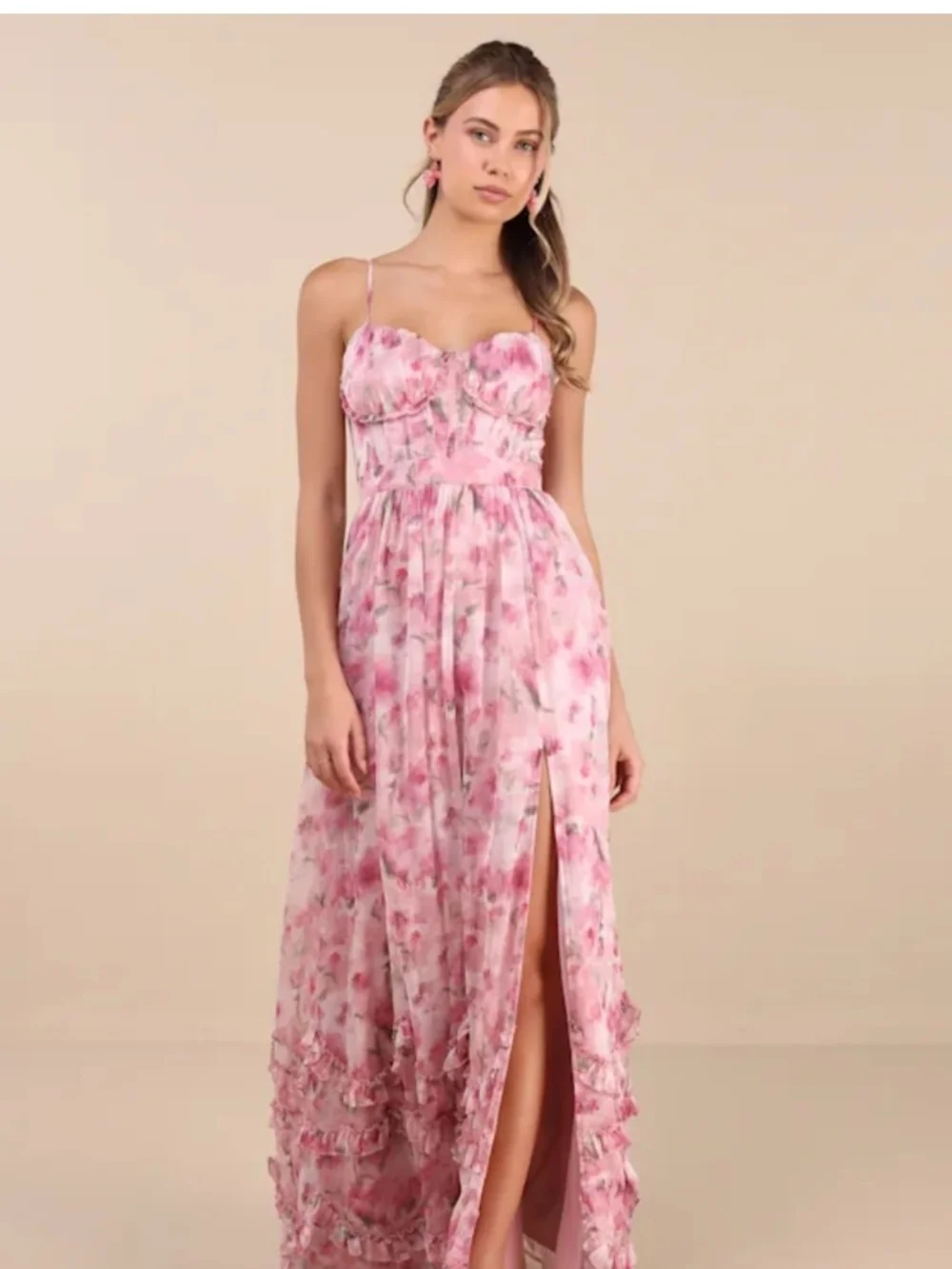 Novella Pink Floral Ruffled Bustier Lace-Up Maxi Dress -
Lulu's - Picture 13 of 14